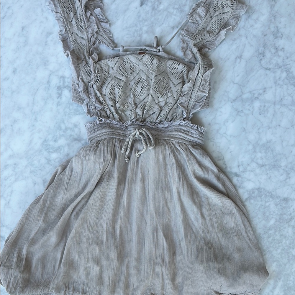 Free People Lace Ruffle mini dress in taupe-grey XS